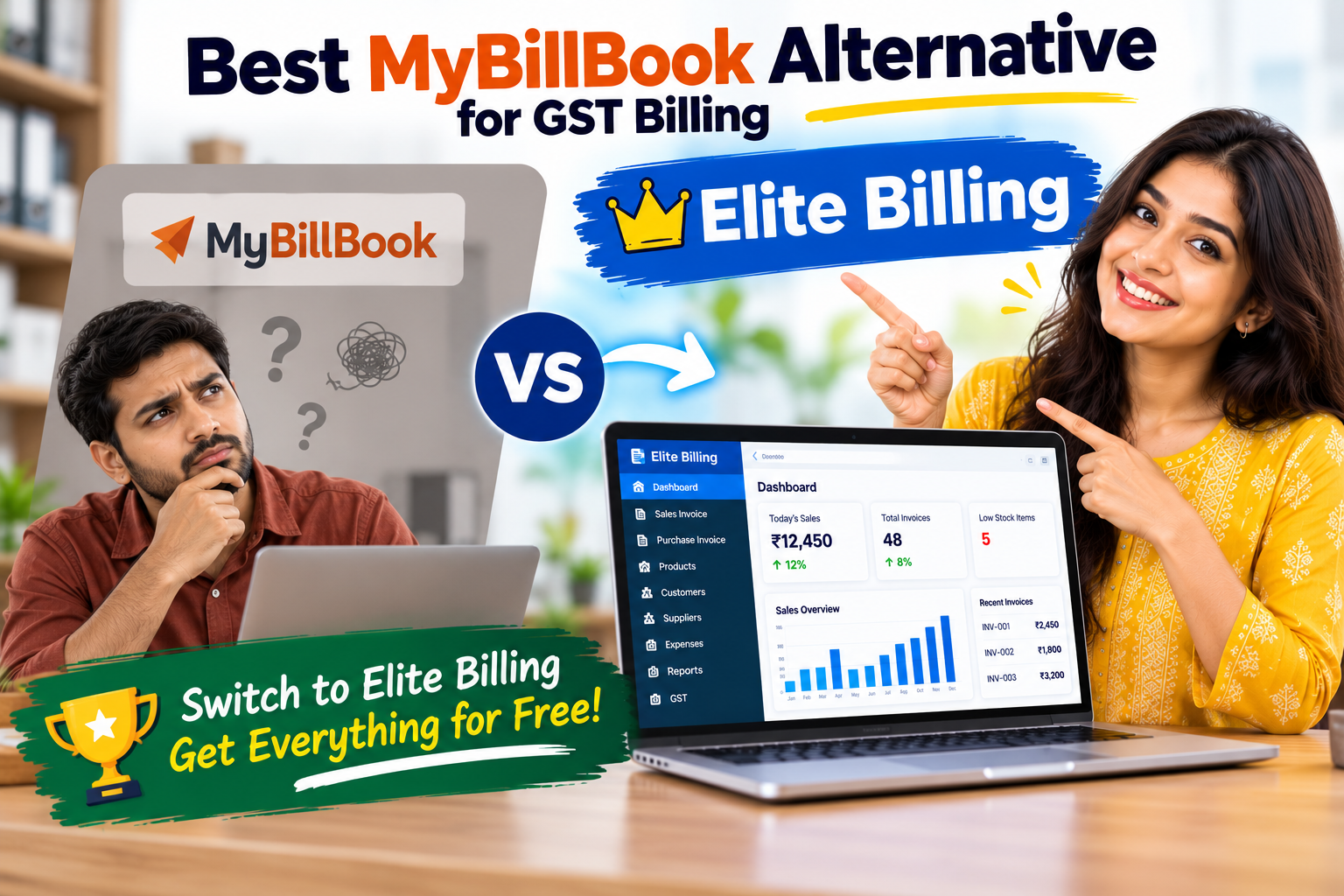Promotional graphic comparing MyBillBook with Elite Billing as a GST billing alternative