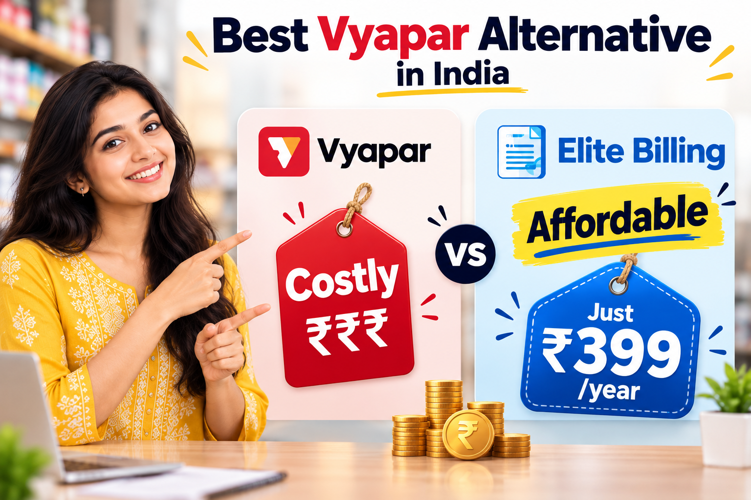 Promotional graphic for the Elite Billing and Vyapar comparison