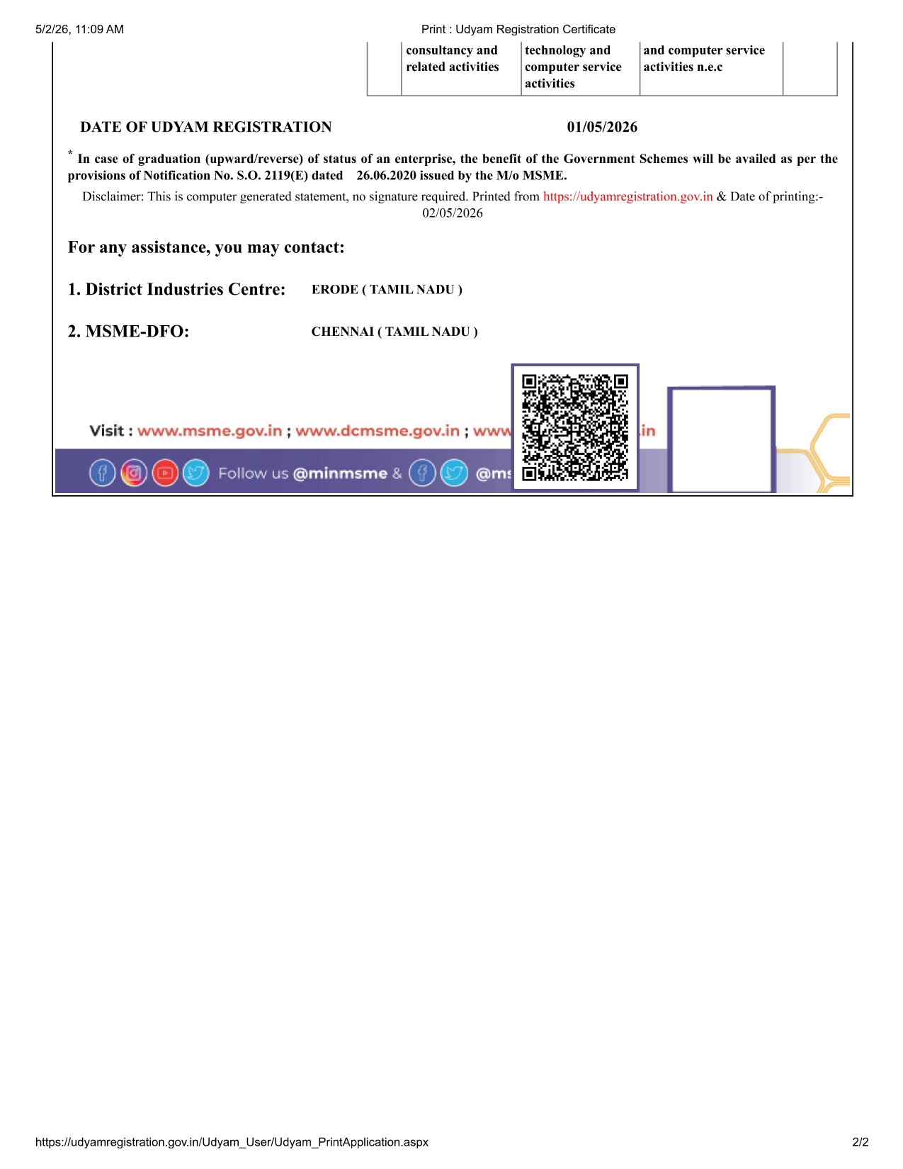Official Udyam Registration Certificate for Elite Billing, page 2
