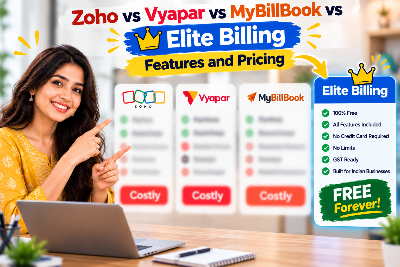 Zoho vs Vyapar vs MyBillBook vs Elite Billing features and pricing comparison