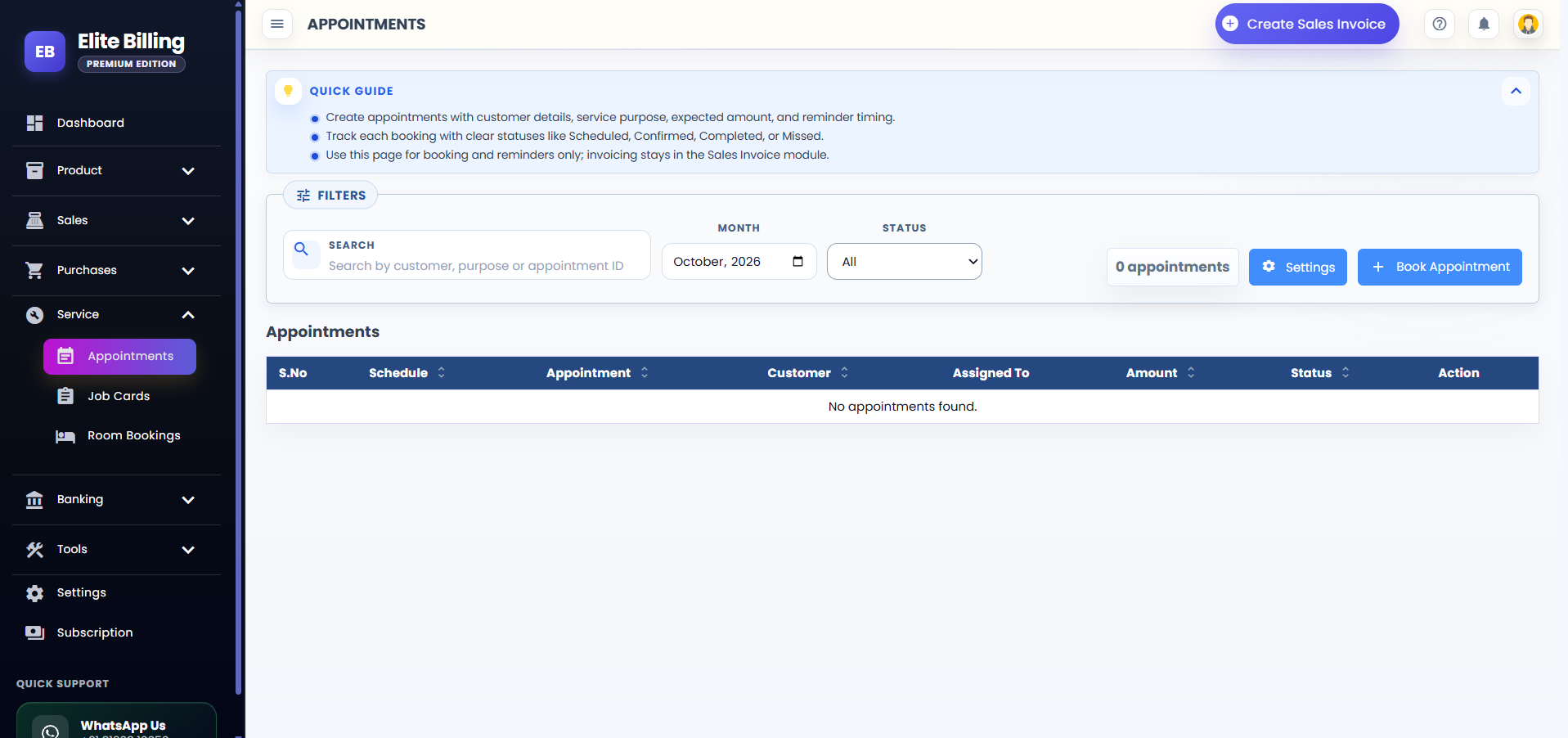 Actual Elite Billing Appointments page showing search, month and status filters