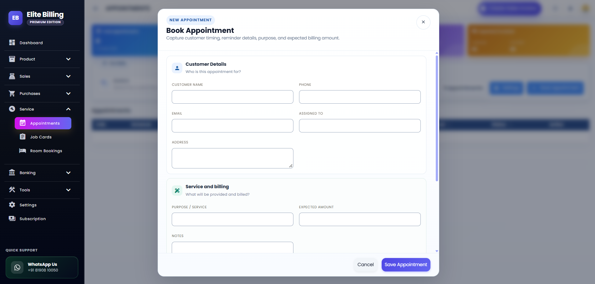 Actual Elite Billing Book Appointment form with customer, service, schedule and status fields