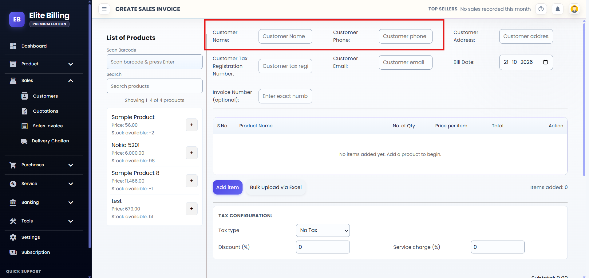 Actual Elite Billing sales invoice customer fields for entering a new customer name and phone number