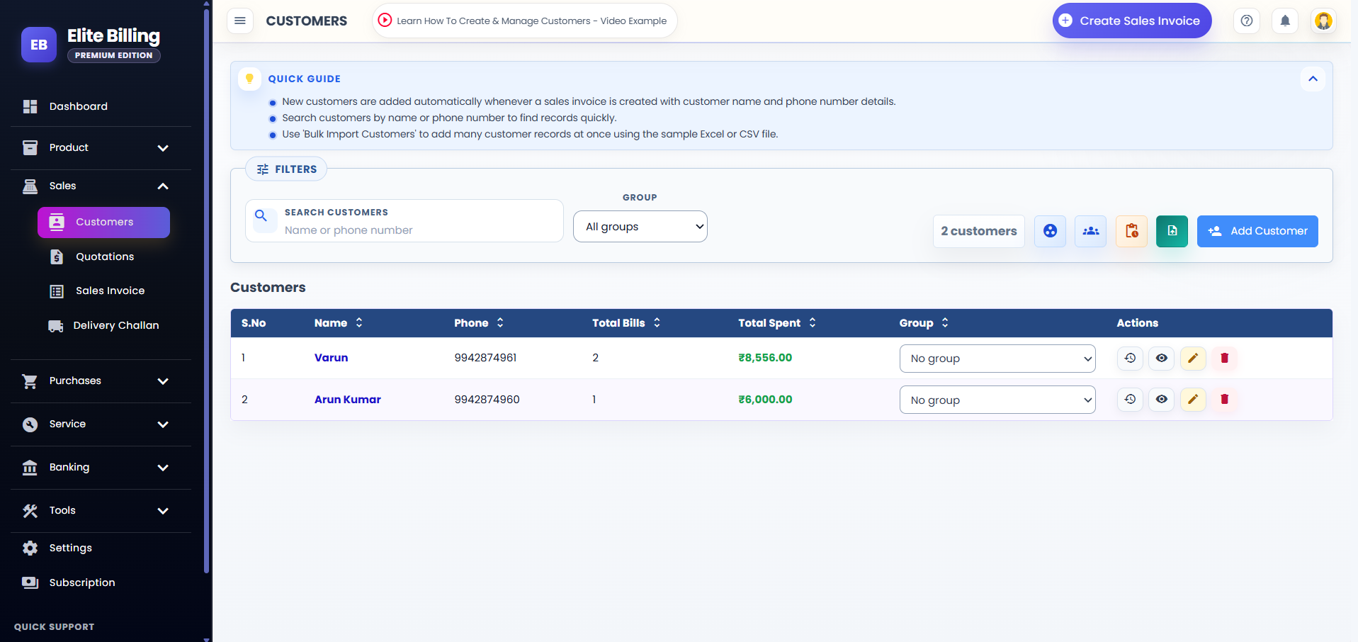 Actual Elite Billing customer list showing search, groups, customer details and history actions
