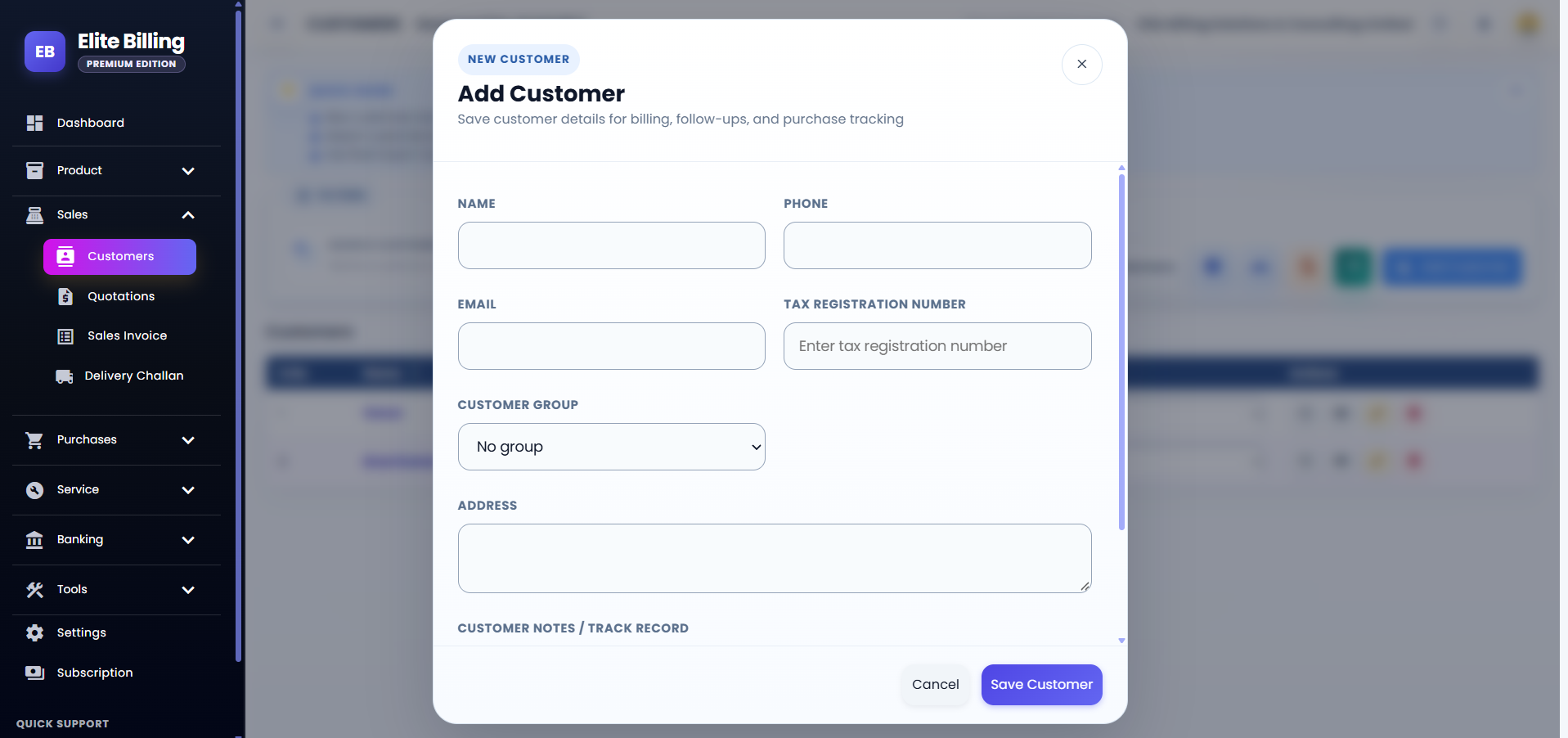 Actual Elite Billing Add Customer form with customer name and phone fields