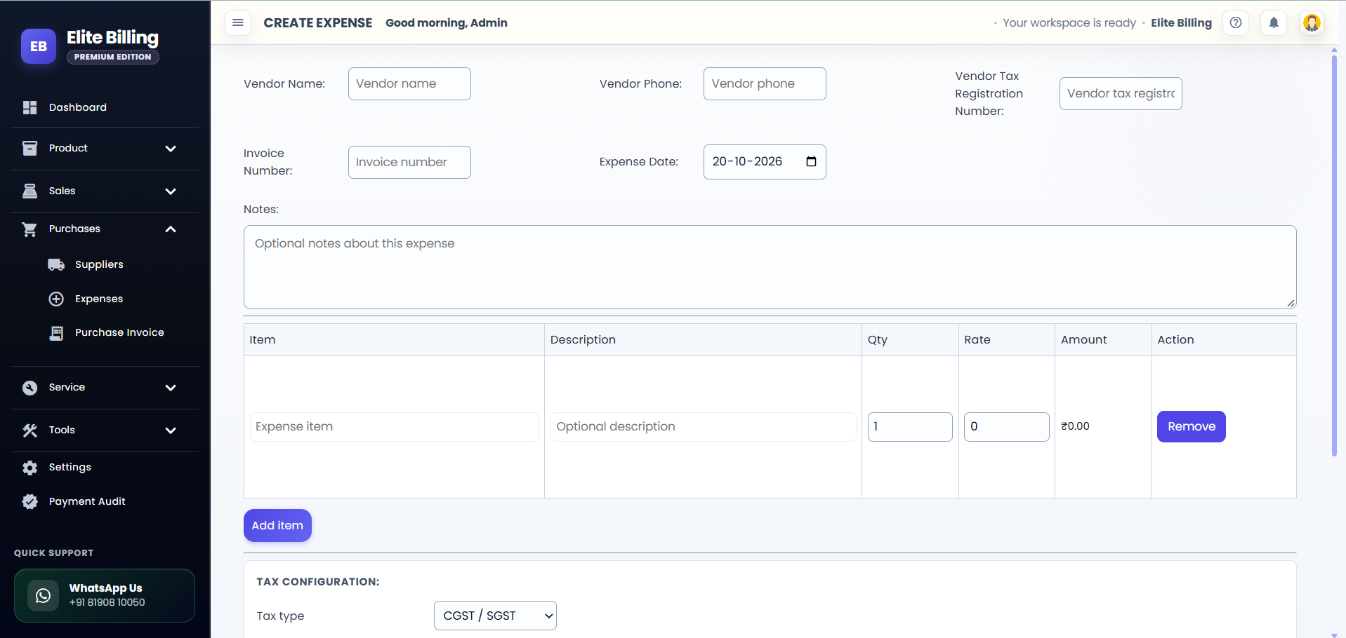 Actual Elite Billing Create Expense screen with vendor details, item rows, notes and tax configuration