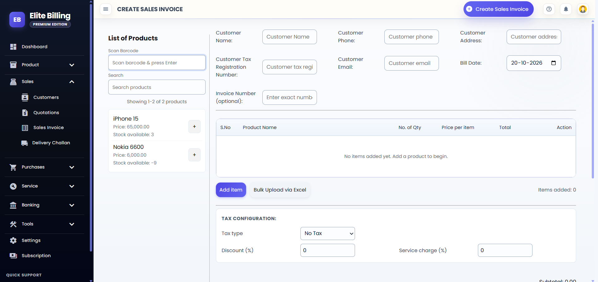 Elite Billing sales invoice screen with product search, customer fields and tax configuration