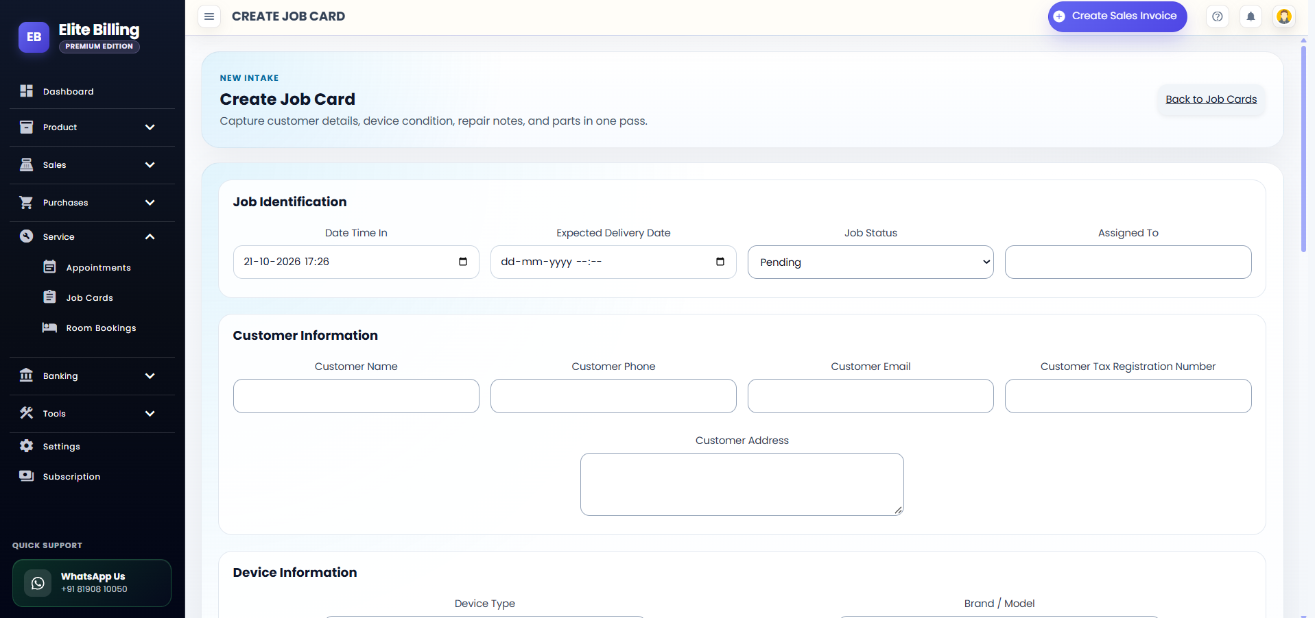 Actual Elite Billing Create Job Card form showing intake, device, diagnosis and parts sections