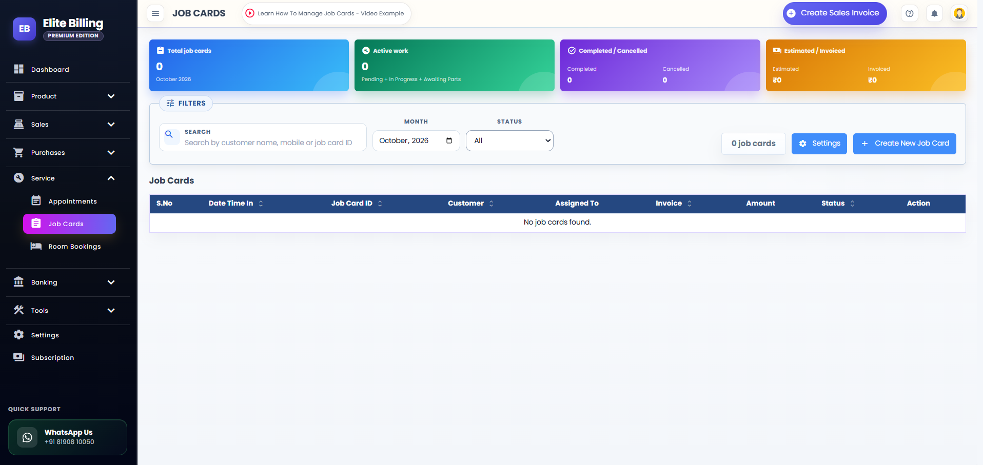 Actual Elite Billing Job Cards page showing search, filters and service records