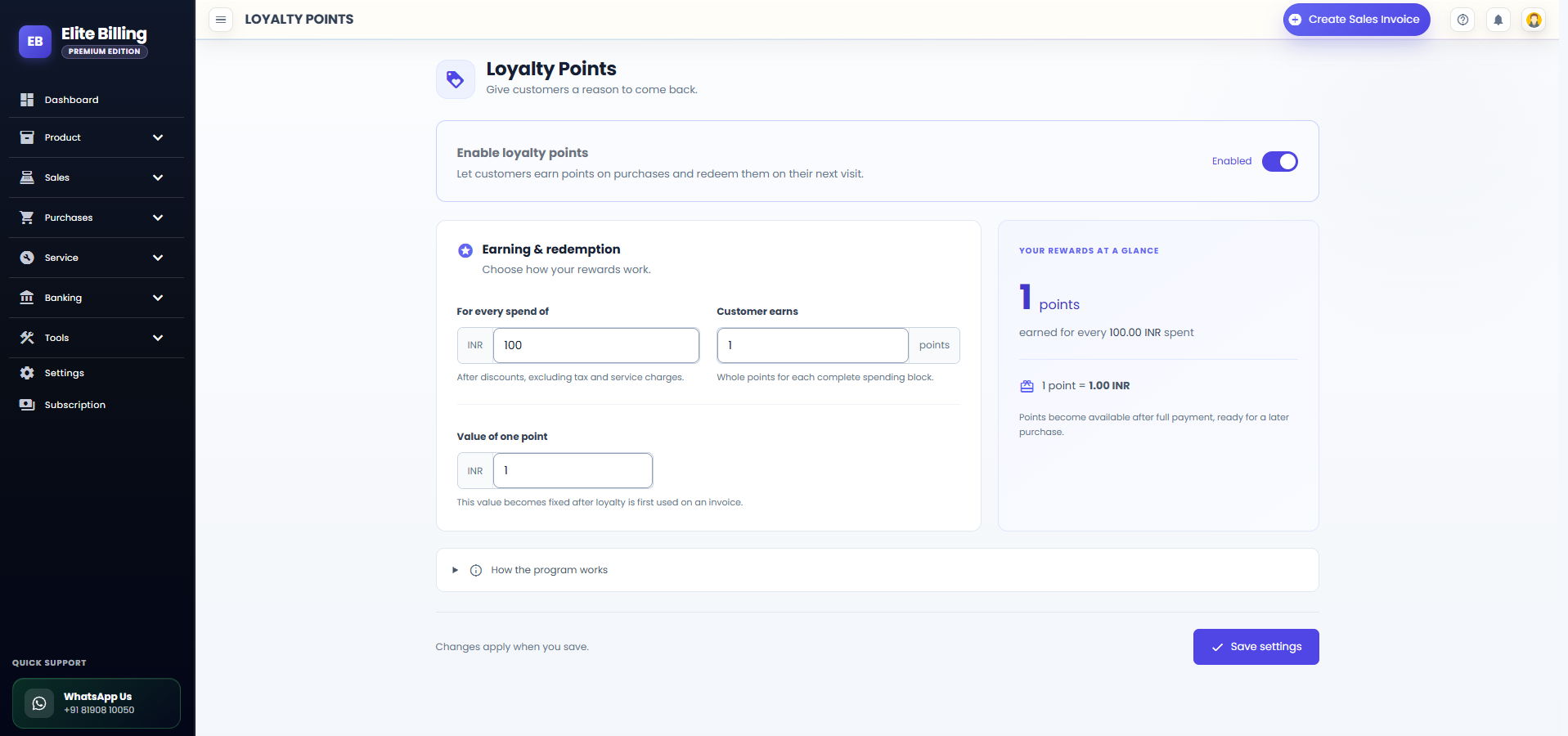 Actual Elite Billing Loyalty Points settings page with the enable switch and earning fields