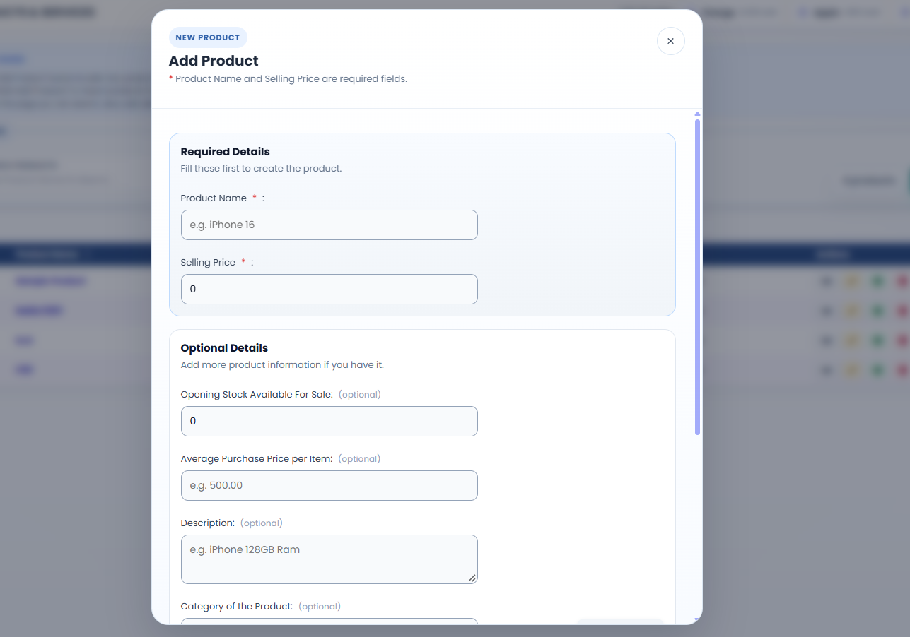 Add Product form in Elite Billing with required and optional product fields