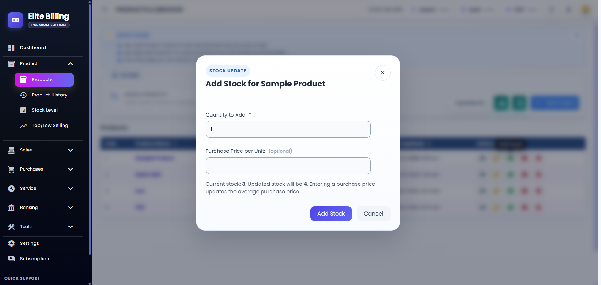Add stock to a product from the Elite Billing product screen