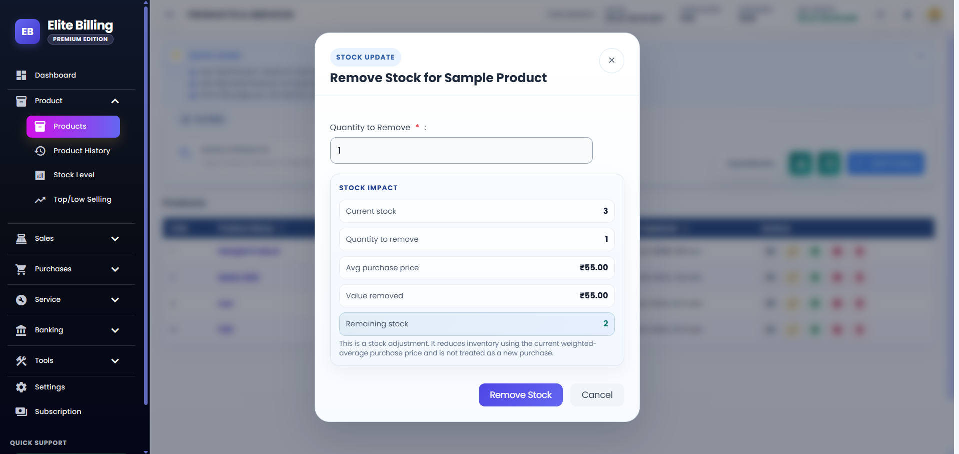 Remove stock from a product in Elite Billing