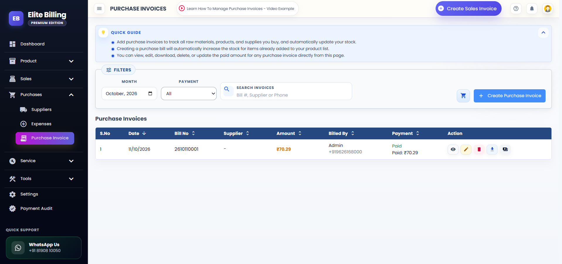 Purchase Invoices overview in Elite Billing with filters, payment status and invoice actions