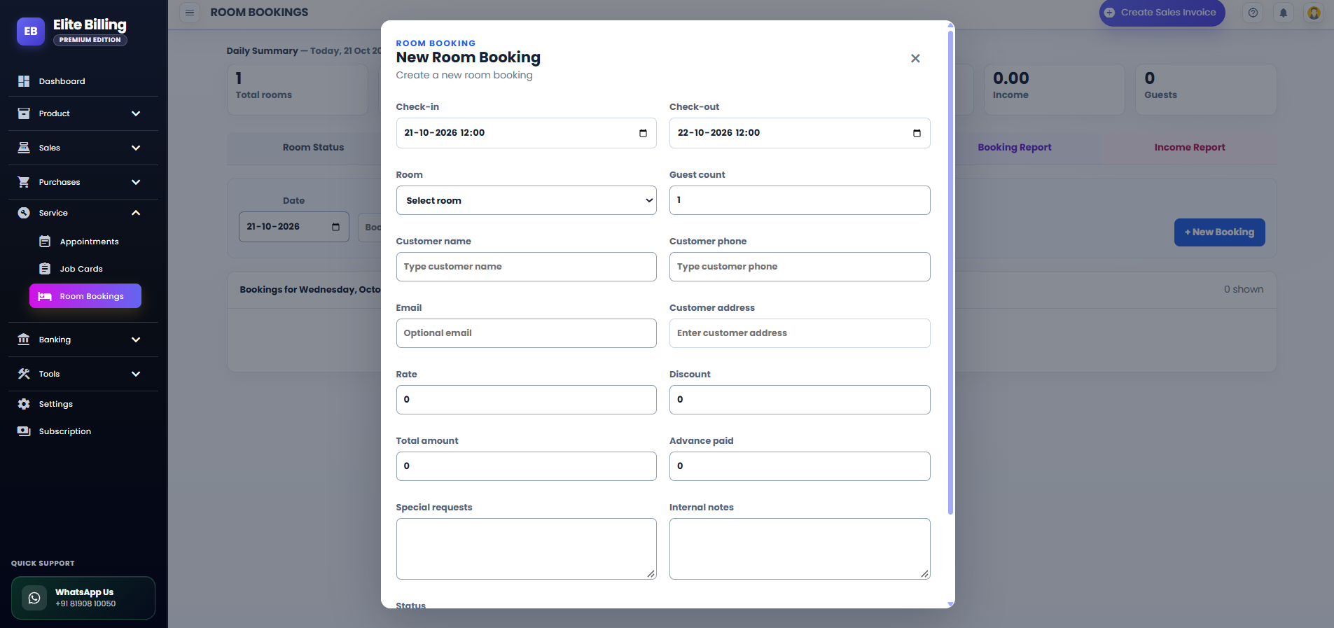 Actual Elite Billing New Room Booking form with room, guest, dates, rate and payment fields