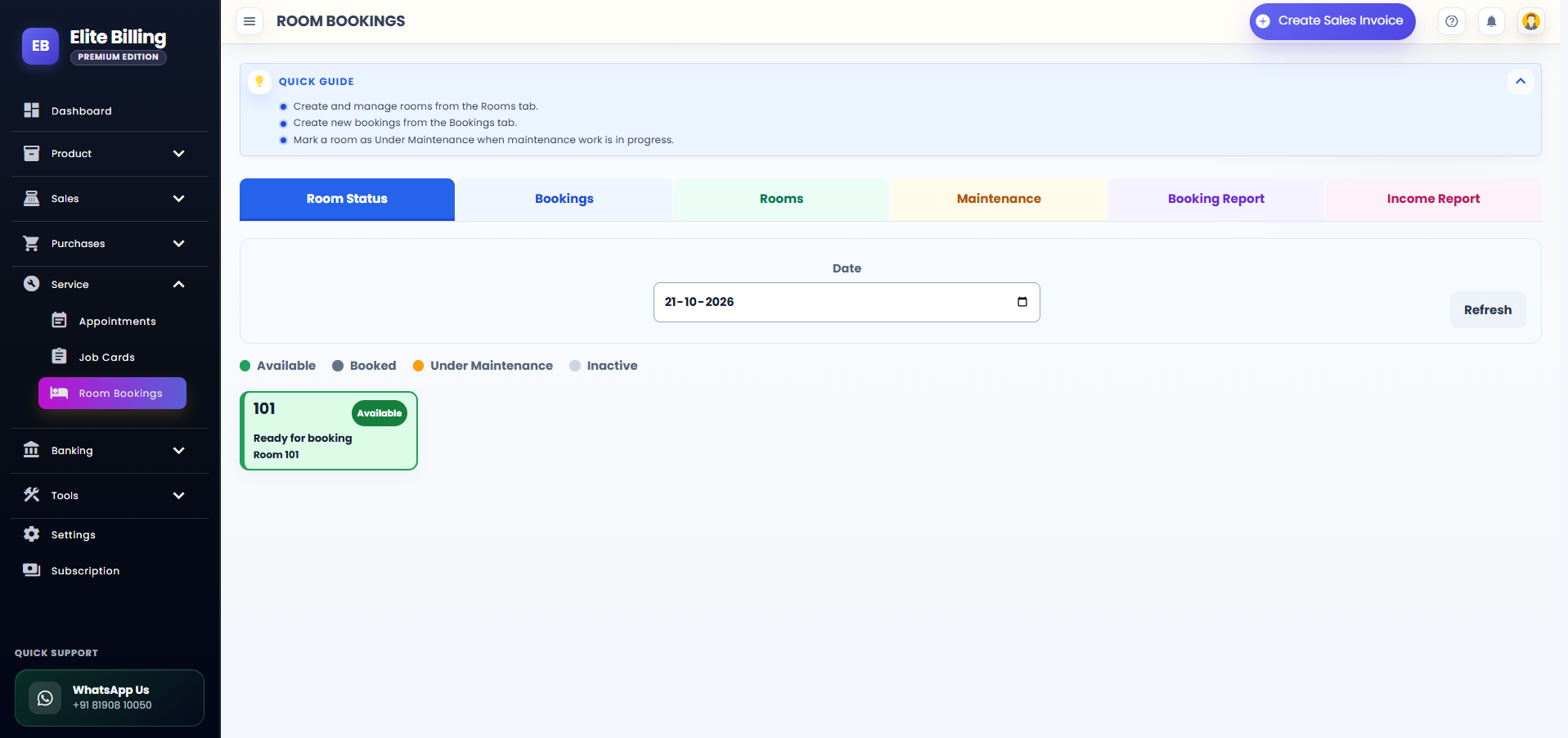 Actual Elite Billing Room Bookings page with room status, booking and report tabs
